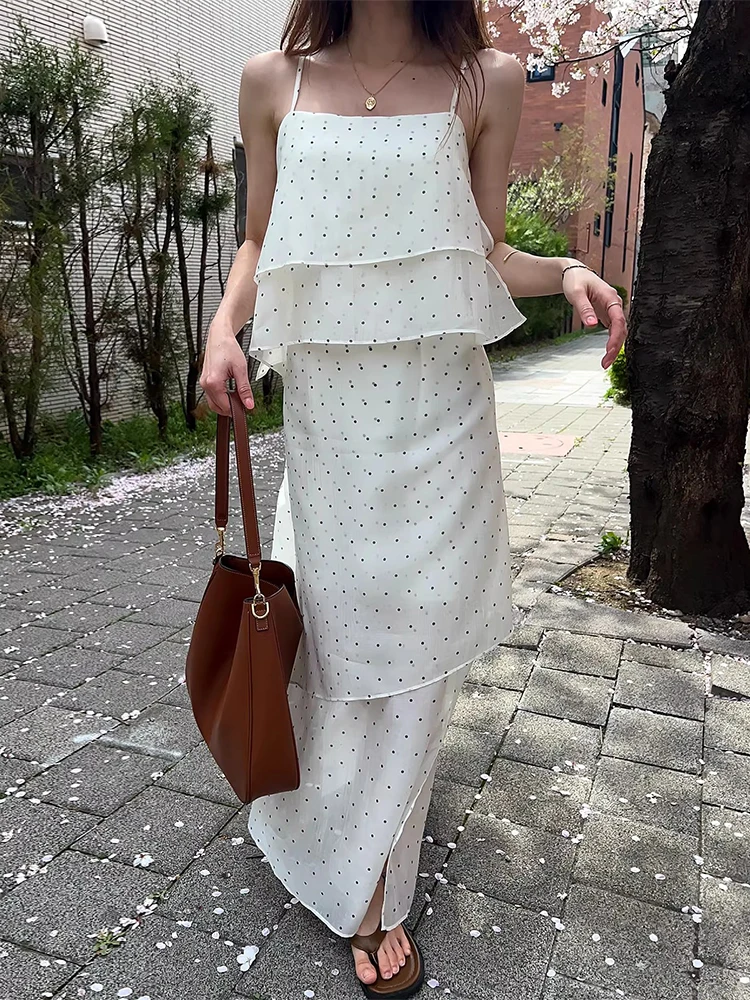 Ele Summer New Polka Dot Strapl Long Dr Donna Sle Layered Sense Splice Casual Vacanza Faion Svel Dr