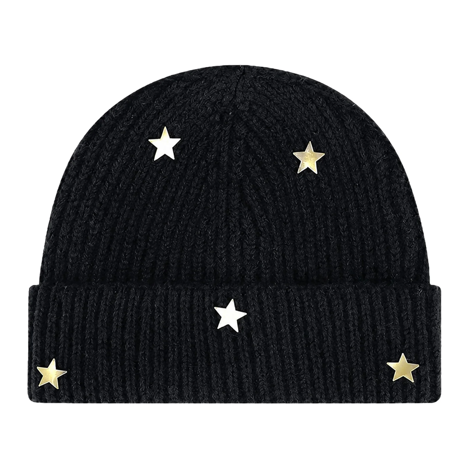 Stylish Beanie Hat 3D Metal Star Design for Winter Travel Warm Knit Skull Cap Windproof Cuffed Soft Cotton Blend Headwear