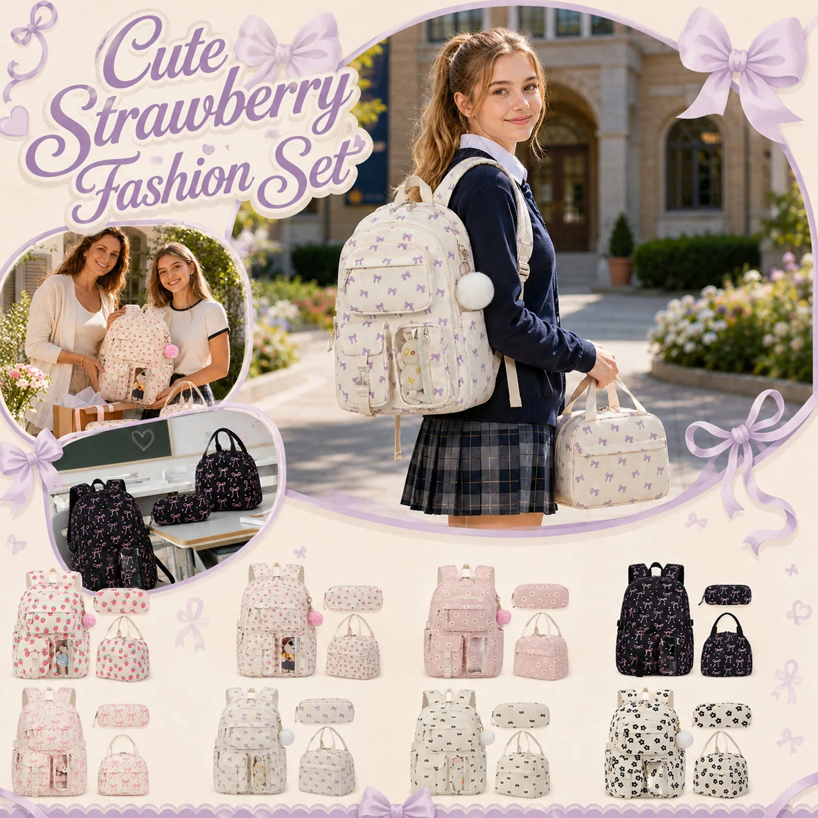 Cute Strawberry Corduroy Printed Backpack Lunch Bag Pencil Case Set for Children Girls Fashionable Backpack for Students