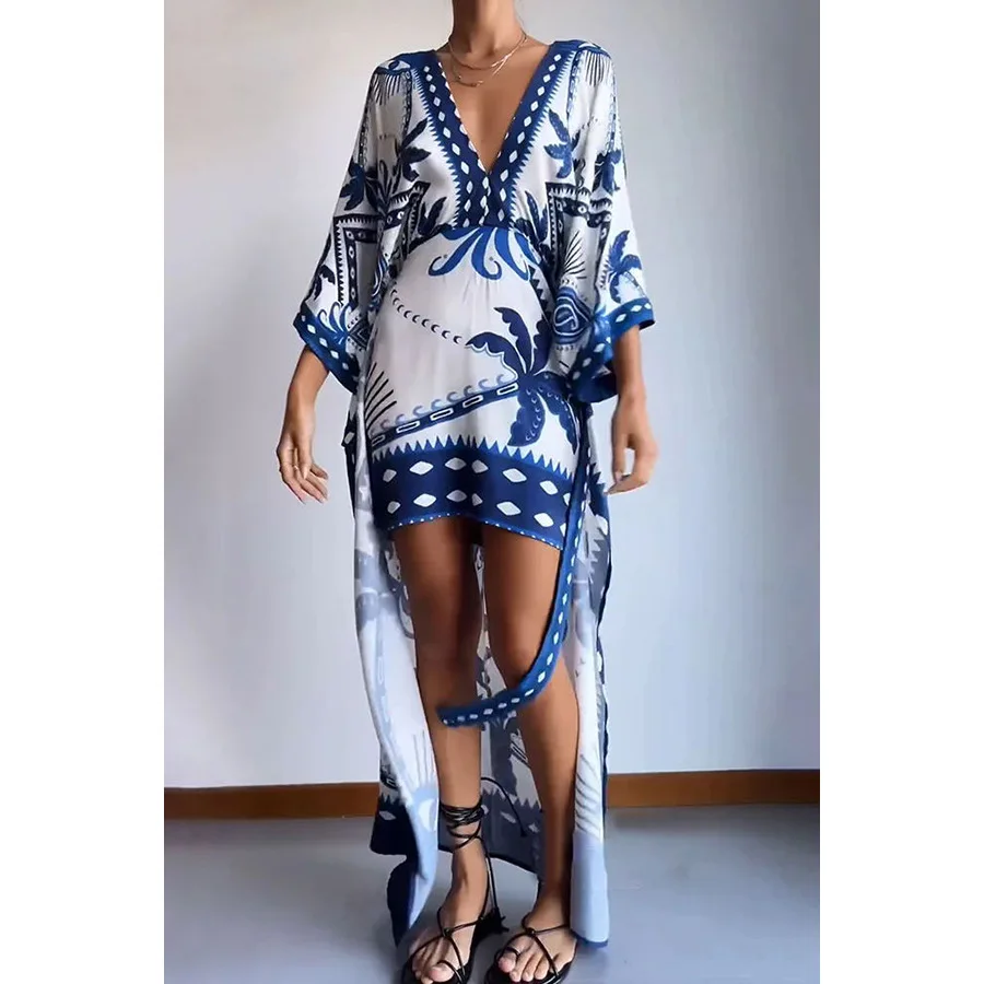 New Fashion Patchwork Lace Up A-line Dress Casual Half Sleeved Bohemian Beach Dresses Sexy Ladies V-neck Printed Long Dress