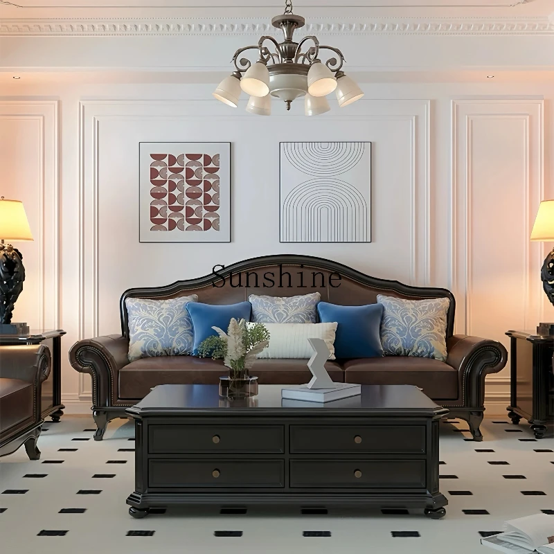 classic solid wood sofa combination living room small apartment first layer cowhide light luxury 1234 person combination