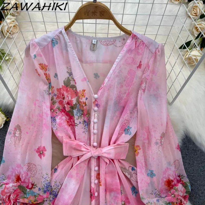 Sweet Women's Dress Bandage Temperament Vestidos Lantern Sleeve Print Chiffon Ropa Mujer Pleated Floral Patchwork Short Dresses