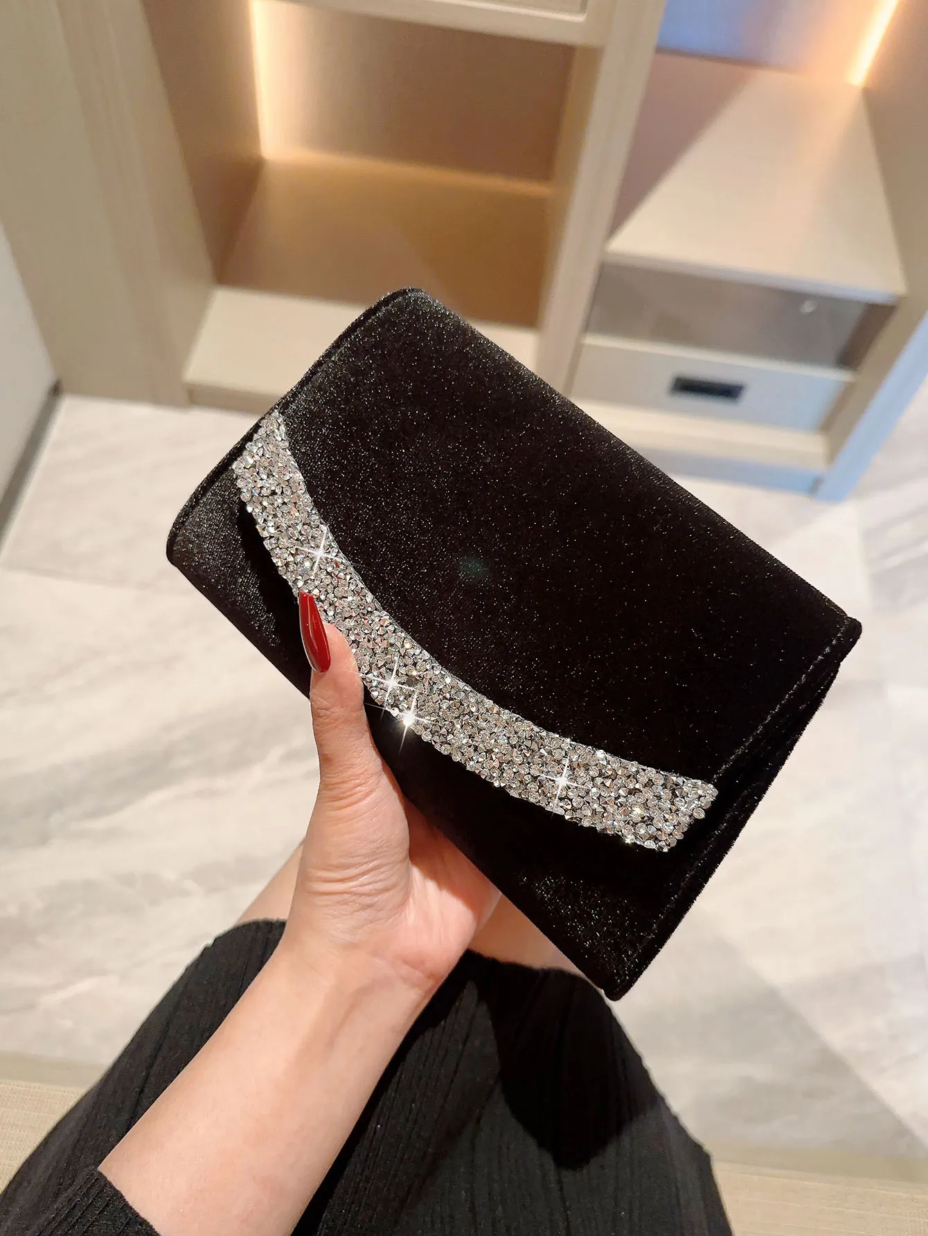 A Shiny Rhinestone Velvet Evening Dress Bag Hand Evening Bag Romantic white Wedding Bag Banquet Bag Bridal Bag Chain Bag Formal Party Bag Prom Bag