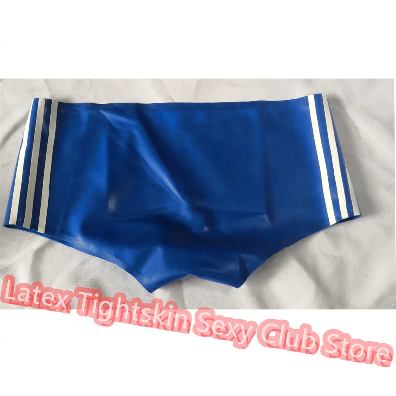

Men Latex Panties Boxer Blue with White Trim Sexy Fetish Shorts Handmade Underwear Club Wear for Men Cosplay Costumes