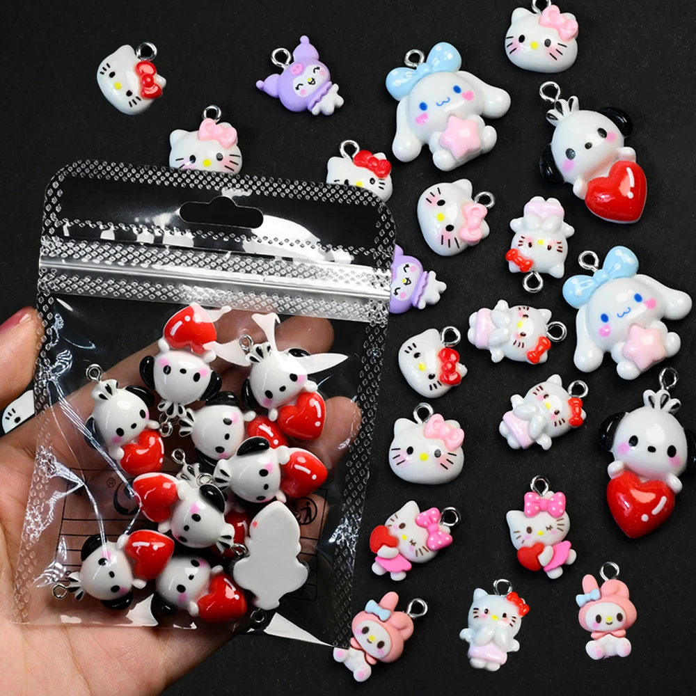 10pcs Kawaii Cartoon Pendants Nail Charm 3D Sanrio Characeter Crafts Rhinestone Pochacco HelloKitty for Bracelet Necklace Earing