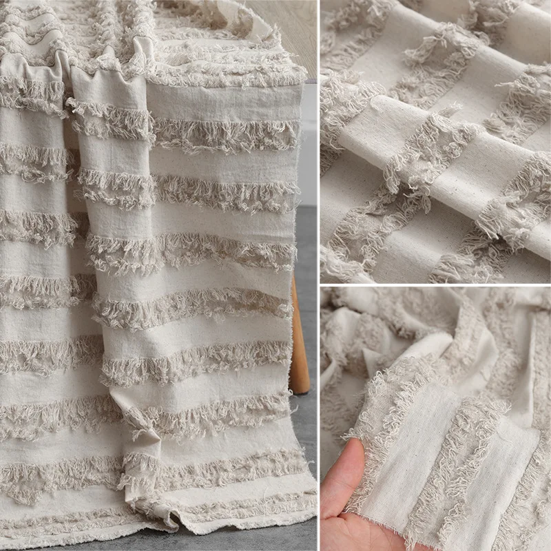 

3D tassel striped cutwork cotton-linen fabric washed vintage jacquard fabric for designer clothing sewing fabric by yard