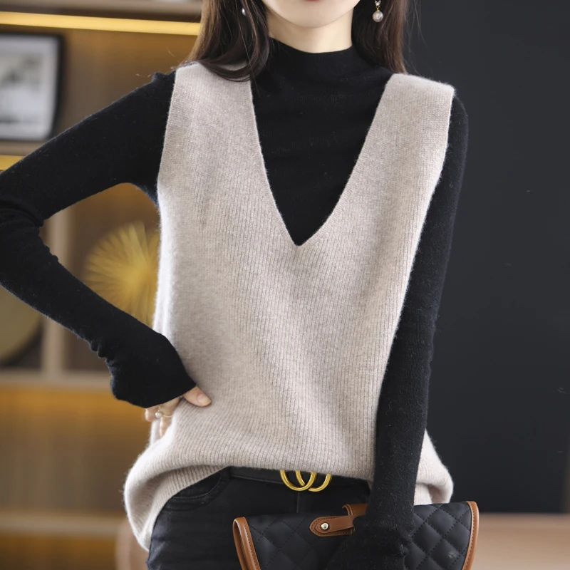 2022 Spring Autumn Women\'s 100% Pure Wool Knitted Vest Solid Loose Sweater Waistcoat Female Large Size Pullover Sleeveless Tops