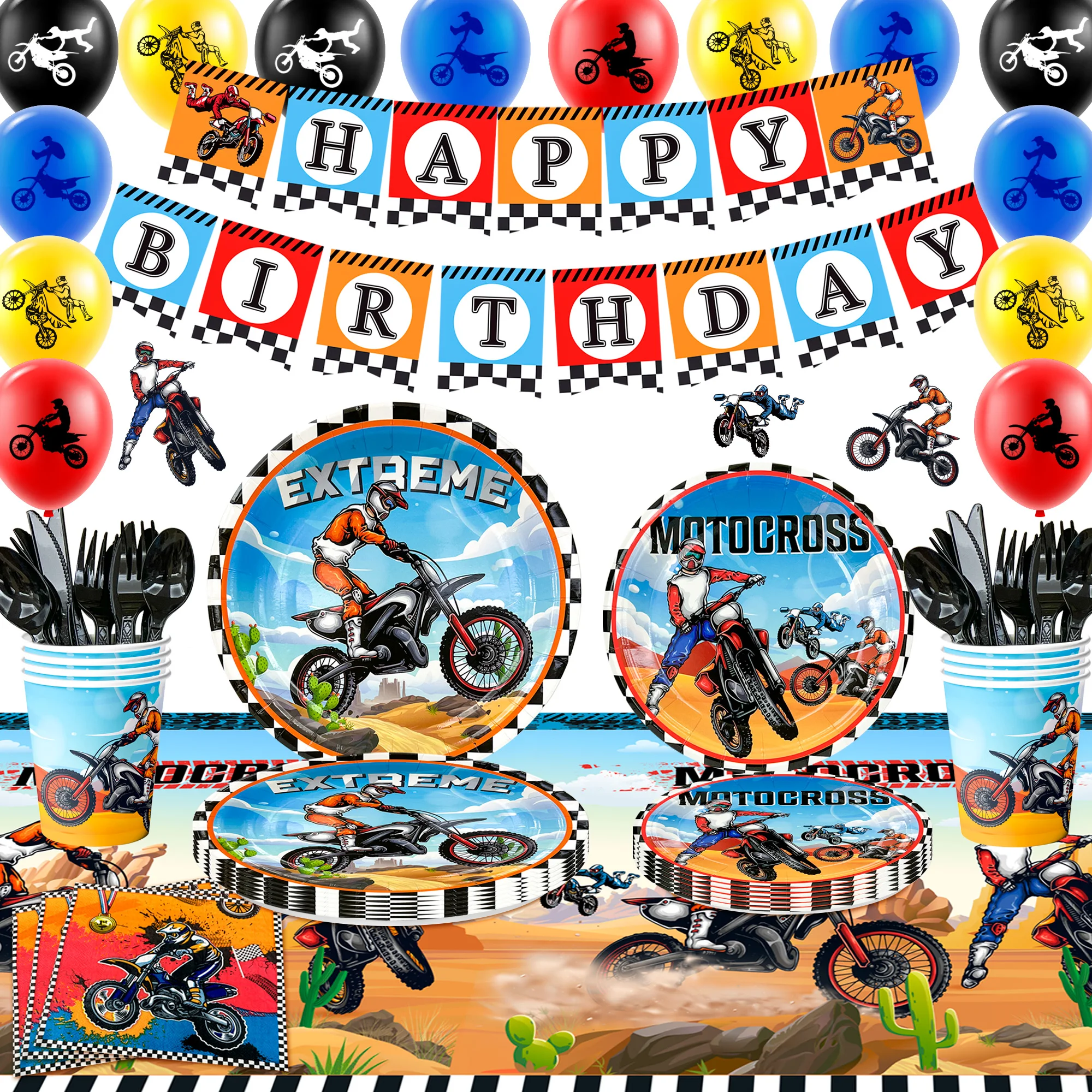 98 Pcs Motorcycle Birthday Decorations & Motorcycle Theme Party Tableware Set - Dirt Bike Party Plates and Napkins Cups & Banner Balloon Etc Motocross Party Supplies for Boys