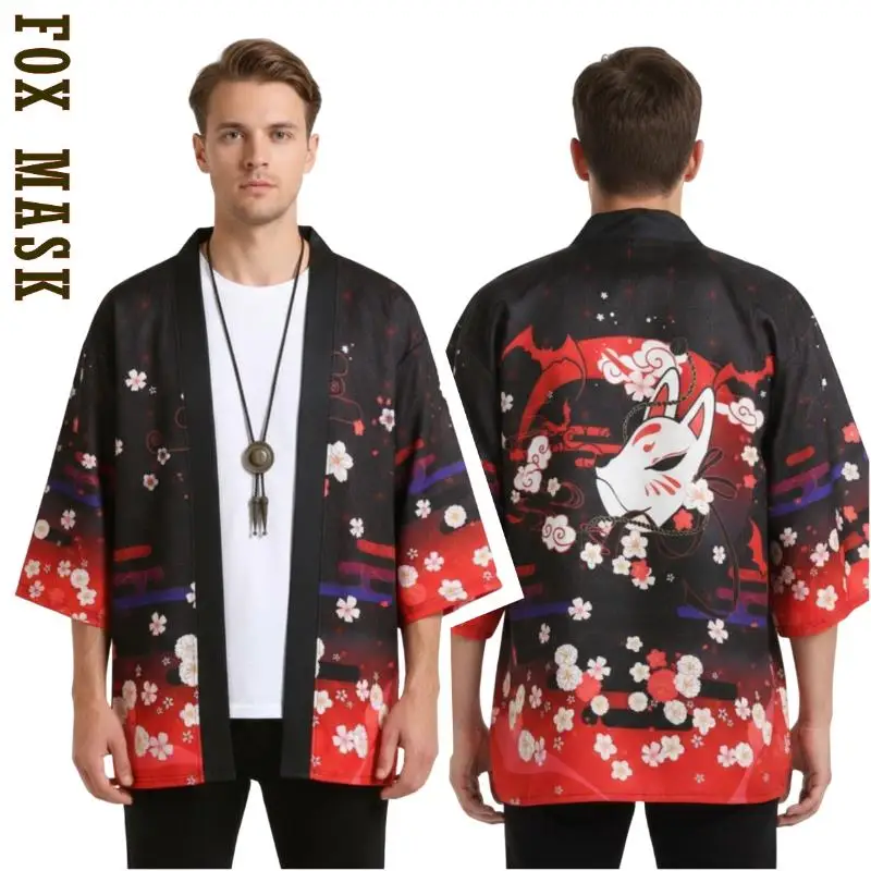 

Summer Casual Japanese Floral Print Haori Kimono Fox Mask Pattern Dark Red Open Cardigan For Men Women 3/4 Sleeve Streetwear