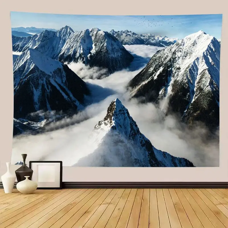 VIKAMA Aerial Snowy Mountain Range Tapestry, Clear Blue Sky Thick Cloud Layer Jagged Snow Peak Dorm Art