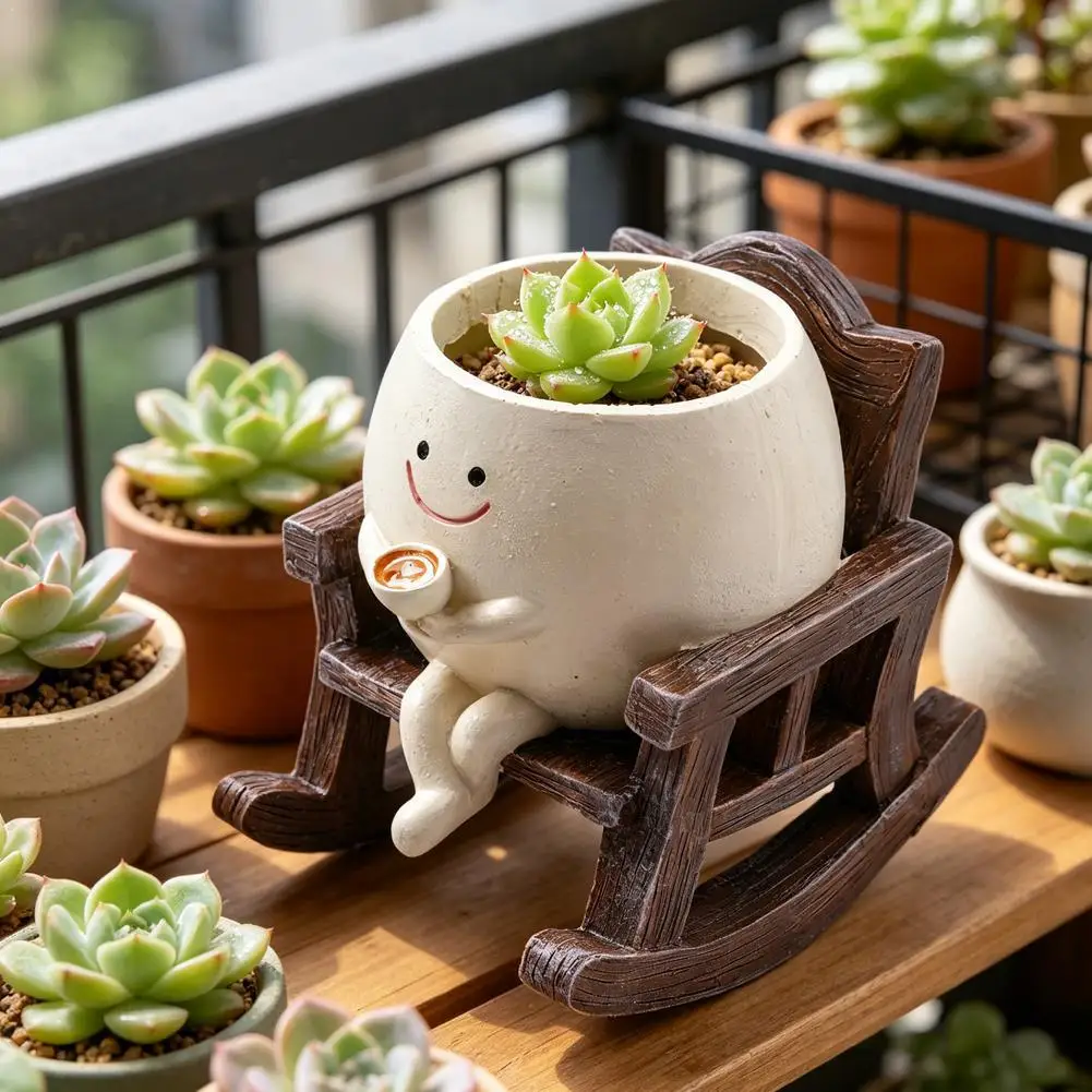 Plant Pot Smily Face Planter Pot For Indoor Outdoor Unique Sit Rocking Chair Pots Gift For Friends Christmas