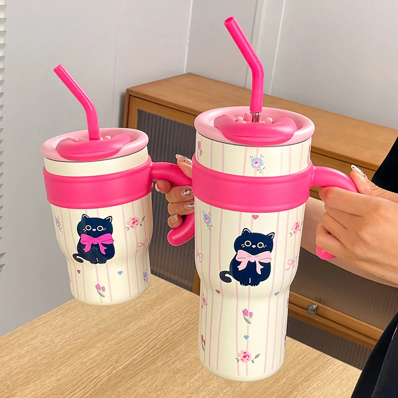 700ML/1.2L Tumbler with Handle Lid Straw Cute Cat thermos Cup Stainless Steel Water Bottle Outdoor Travel Car Coffee Mug Gift