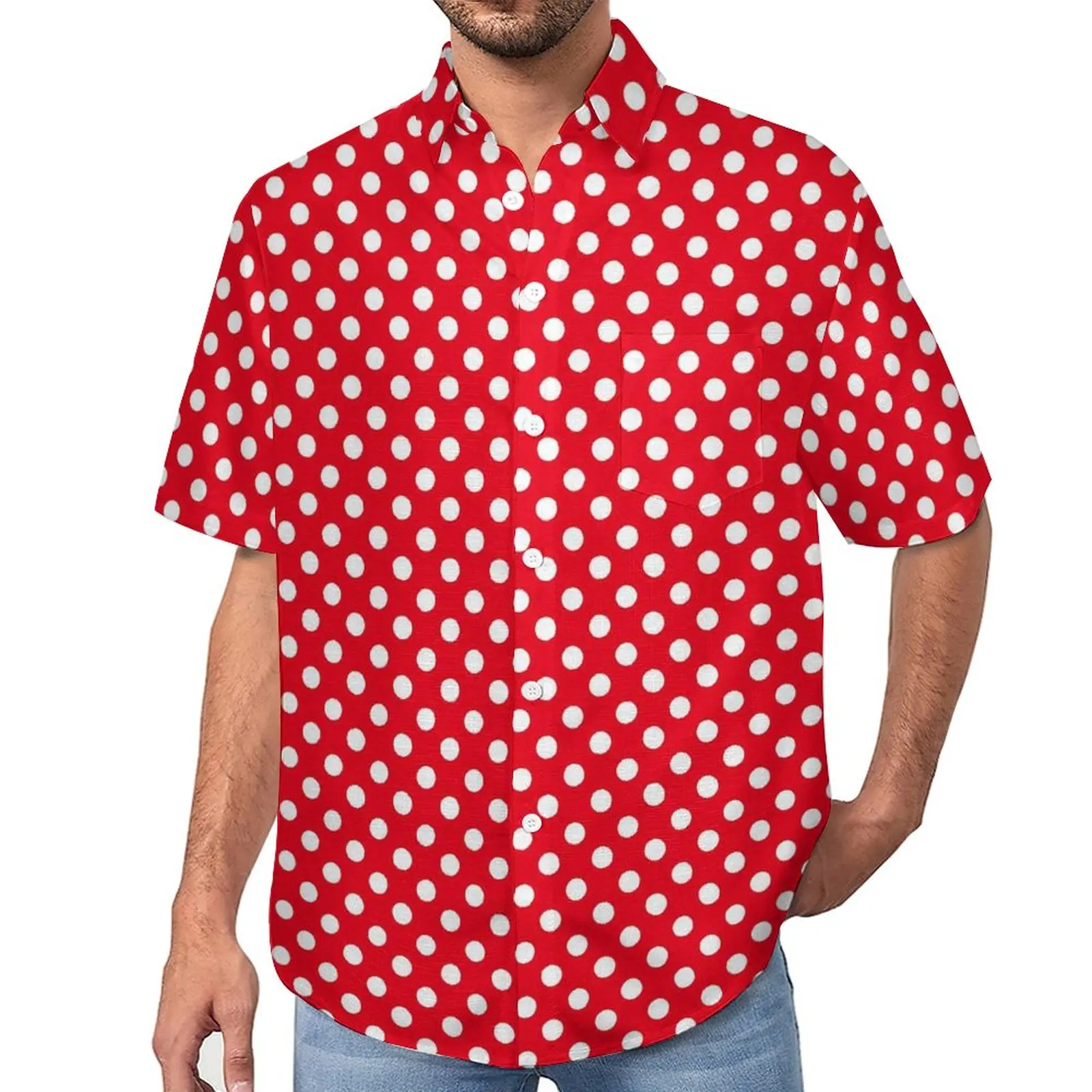 

Red And White Polka Dot Blouses Male Retro Print Casual Shirts Hawaiian Short-Sleeve Graphic Y2K Oversize Beach Shirt Gift Idea