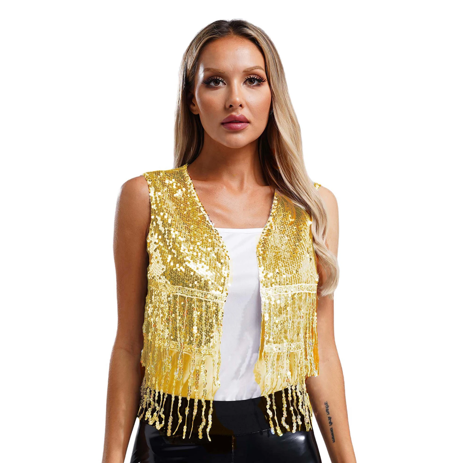 Feminino vintage 70s disco colete brilhante lantejoulas jazz dancewear cowgirl colete topos frente aberta sem mangas borla cardigan colete