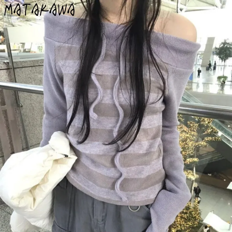 

Matakawa Knitted T Shirt for Women Y2k Autumn Winter Stripes Vintage Ropa De Mujer Korean Fashion Slash Neck Fashion Tees