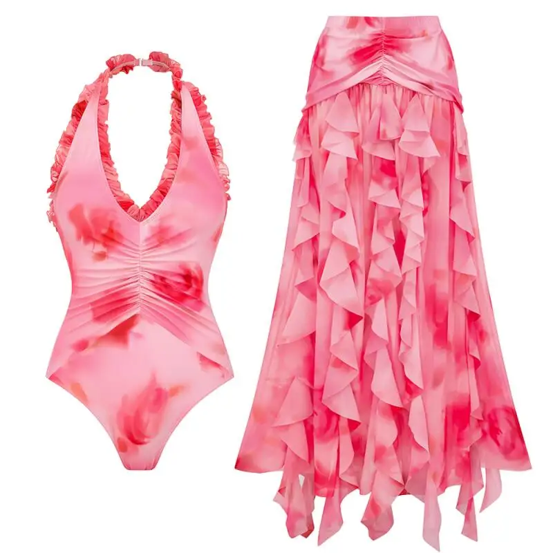 Flaxmaker 2025 Women Pink Flower-dyed Halter Neck One Piece Swimsuit and Skirt Sexy V Neck Party Swimwear Bohemian Beachwear