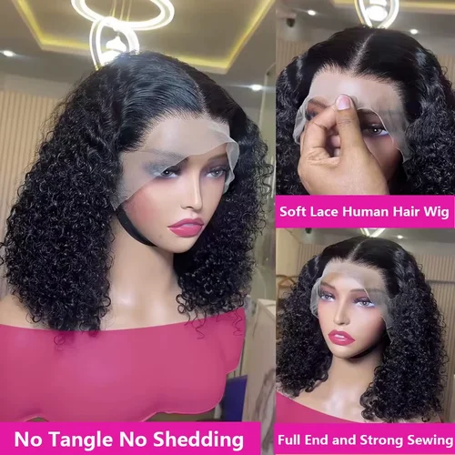 Imagen 2 del producto Bob corto brasileño 100% cabello humano 13x4 encaje Frontal cabello humano onda profunda 13x4 encaje Frontal rizado 4x4 pelucas con cierre de encaje para mujeres