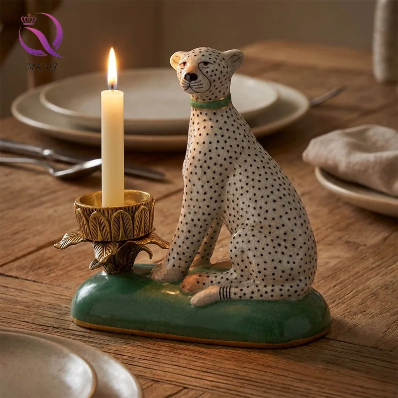Leopard Statue Porcelain Dotted Cheetah Sculpture And Candle Holder For Home Decor Elegant Living Room Accent