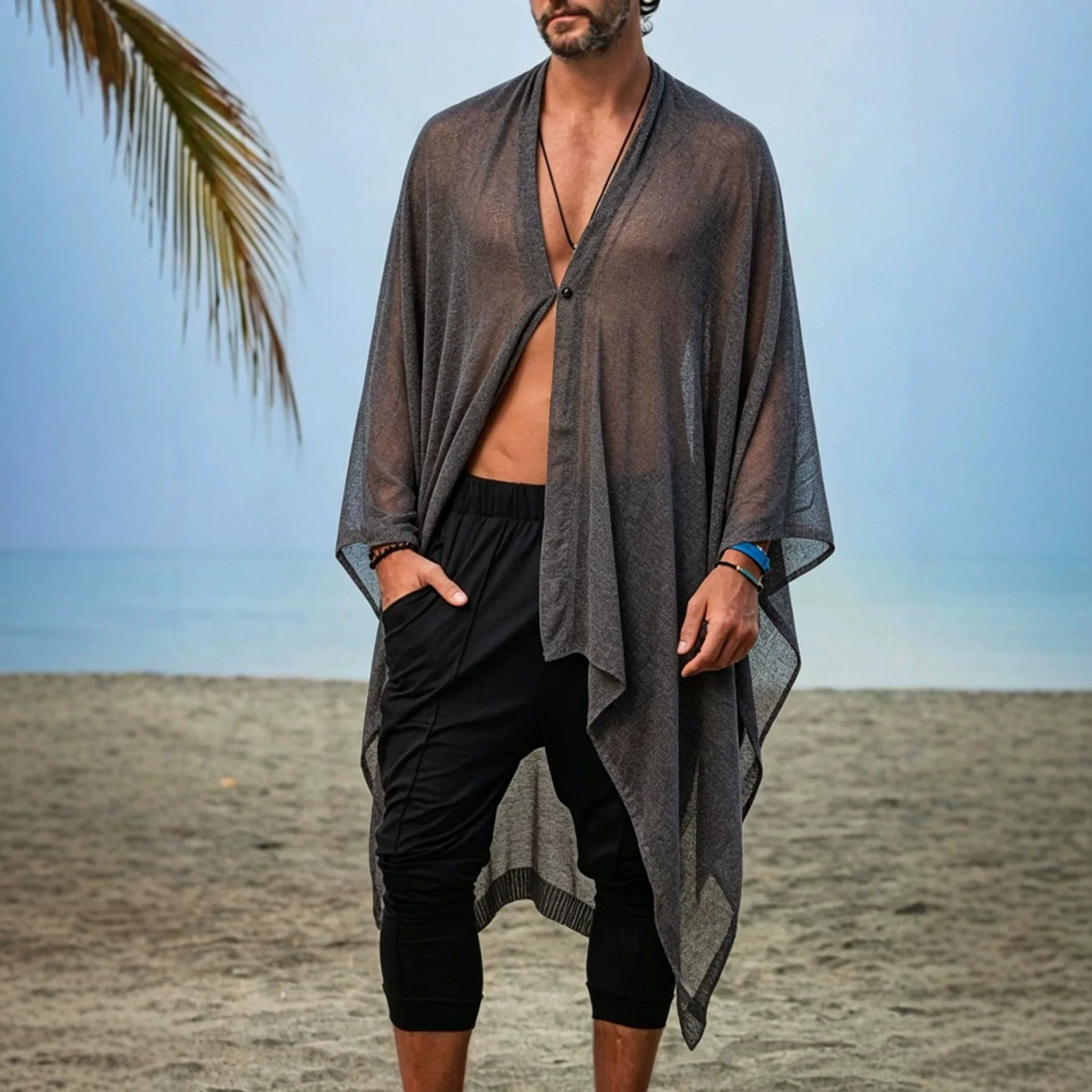 Holiday Style Cardigan Summer Thin Beach Sunscreen Clothes Linen Knitted Air Conditioning Clothes Solid Color Cold Shawl Men