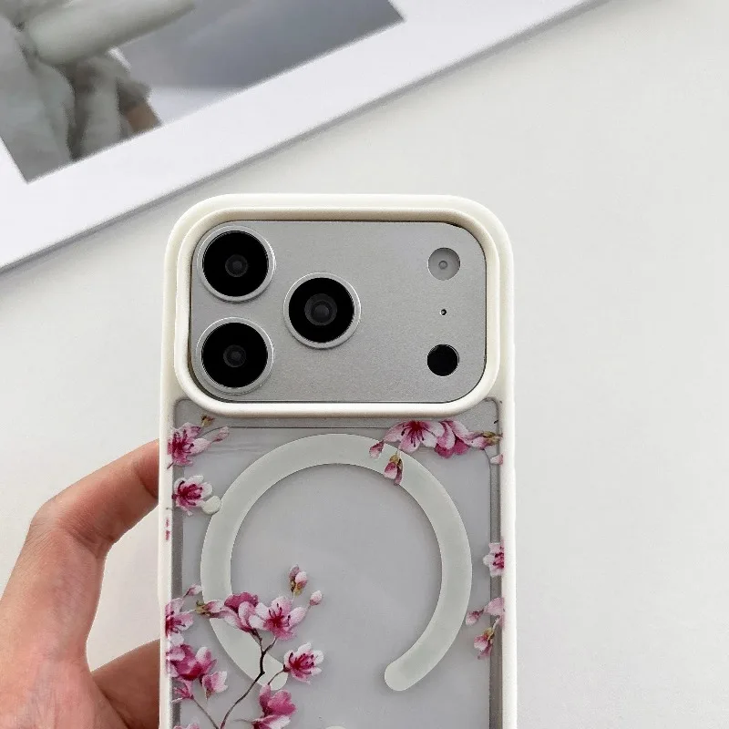 INS Pink Cherry Flower Clear Background Design Phone Case For iPhone 18 17 15 14 13 16 Pro Max Plus For Magsafe Charge Cover view 3