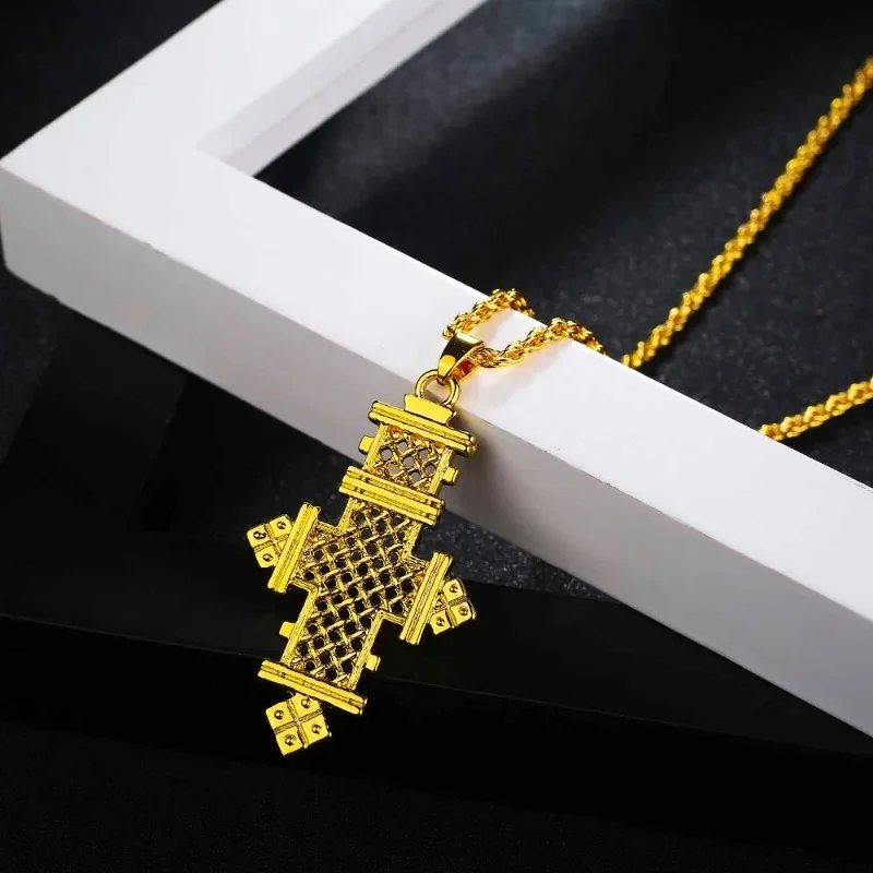 Shamty New Cross Pendant Charms Chain Pendant Necklaces Pure Gold Color Africa Crosses Jewelry Pendants Jewelry Making S30008