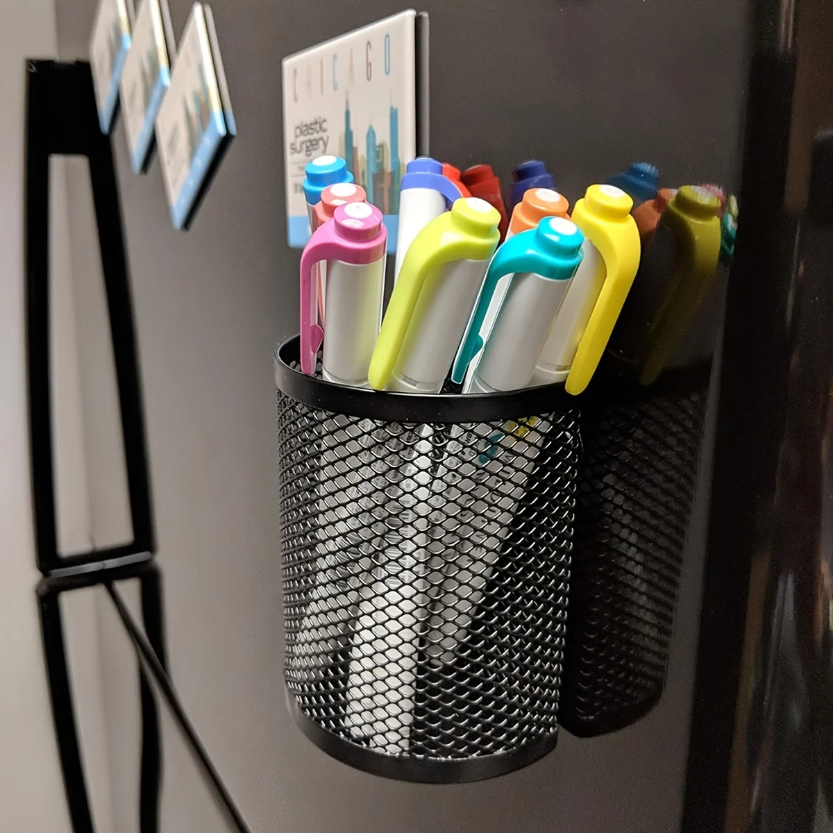Suporte magnético de malha para lápis, organizador de papelaria para mesa, cesta de armazenamento para geladeira, armário, escritório, suporte para canetas
