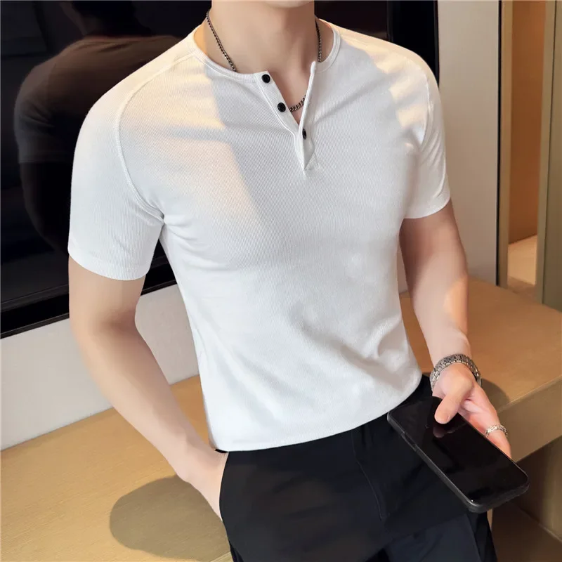 Men's Slim Fit Henley T-Shirt - Summer Short Sleeve Rib Knit Gym Workout Top | Stretchy Bodybuilding Muscle Tee for Fitness view 6