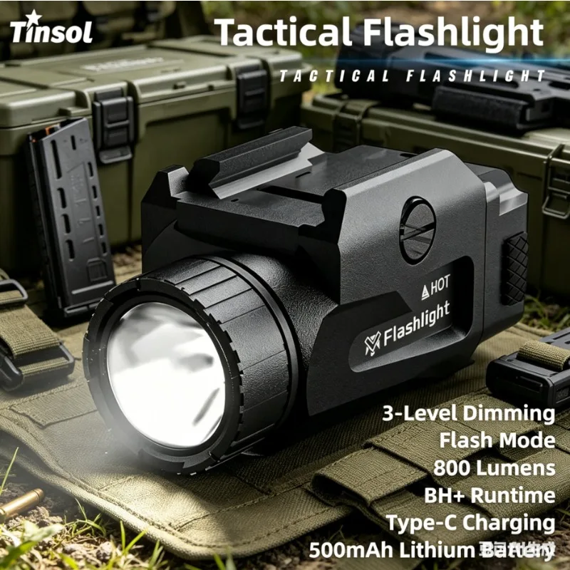 

TINSOL 800 Lumens Tactical Torch Multi Mode Type-C Charge Quick Detach Pistol Light Picatinny Rail Mount Outdoor Use