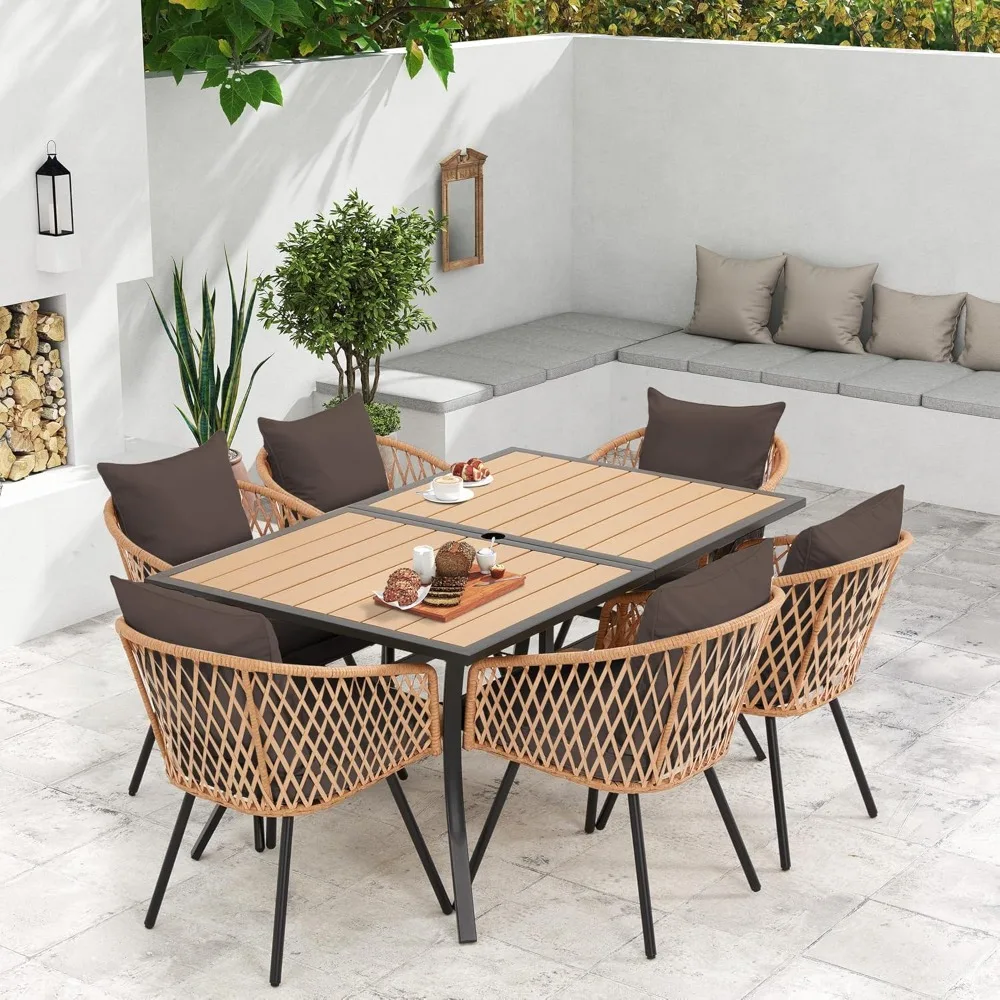 

7-Piece All-Weather Rattan Patio Dining Set with 60" Wood Table Top, Removable Cushions & Umbrella Hole - Outdoor Furniture Set