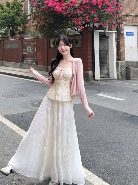 

Sweet Style plus Size Women's Lace Trim Belted Strap Vest Summer New High Waist Pleated Skirt Fashionable Korean Style