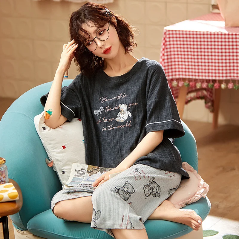 Pajama Girl Style Spring And Summer Short Sleeved Capris Cotton  Cartoon Cute Casual Thin Home Clothes Set