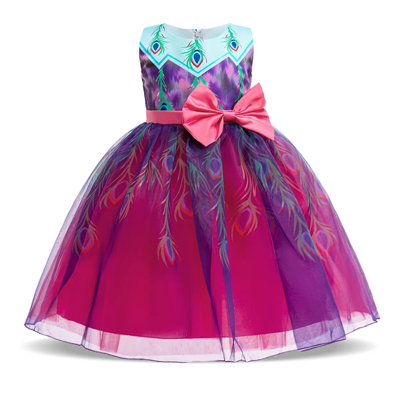 Summer Peacock Design Princess Dress For Girls Children Costumes Sleeveless Party Dresses Girls Dress Wedding Gown 3-10 Years