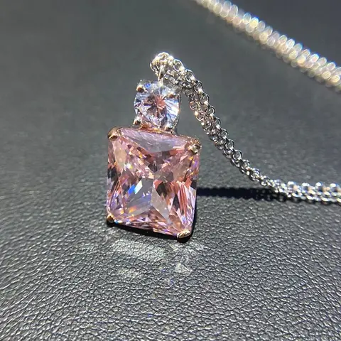 Huitan Sweet Pink Cubic Zirconia Pendant Necklace for Women Silver Color Chain Gold Plated Charm Unique Female Necklace Jewelry