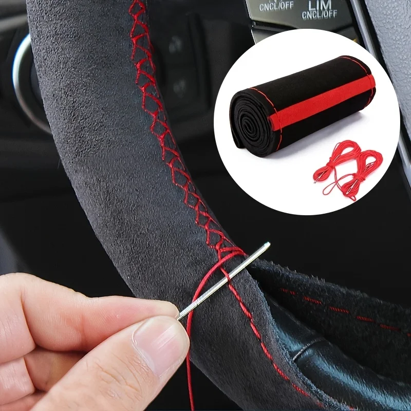 Hand Sewn Suede Car Steering Wheel Cover, Anti-Slip Breathable Steering Wrap with Needle Thread, Universal 15 Inch, Black Red