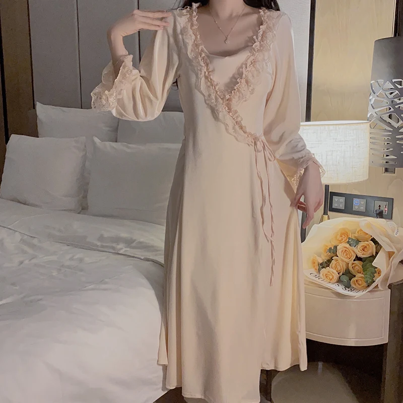 REBEYULI Fashion Elegant Night Dress 2024 Autumn Swinging Neck Split Satin Nightgown New Velvet Lace Splice Sexy Women Sleepwear