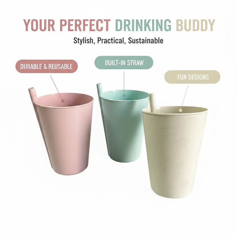 Plastic Sippy Drinking Cup with Built-in Straw for Kids and Adults, Set of 4 view 2