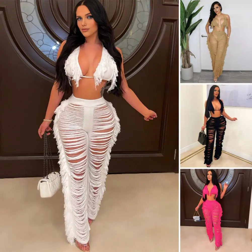 

Two-piece Outfit Stylish Women's Crop Top Pants Set with Tassel Detail Halter Neck Design High Waist Ripped Knitted for Beach