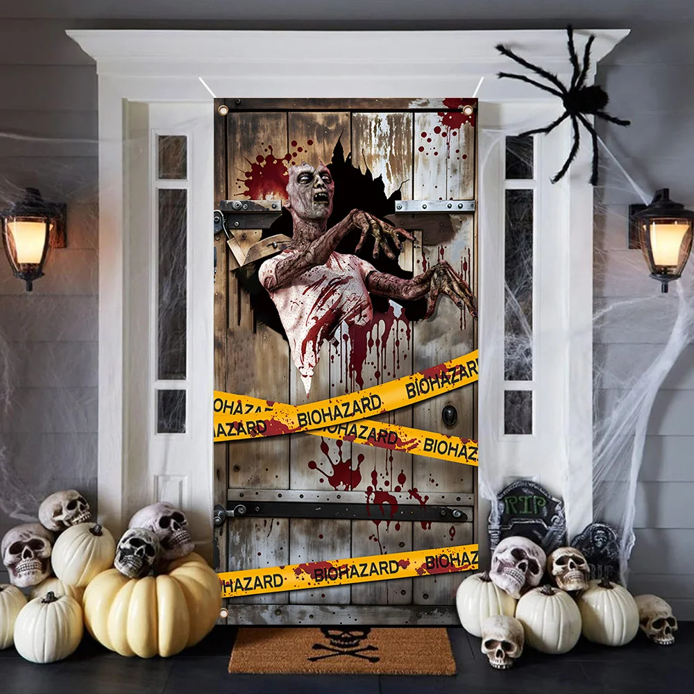 Happy Zombie Isolation Zone Curtain - Halloween party decoration, no electricity required, polyester material.PMJ