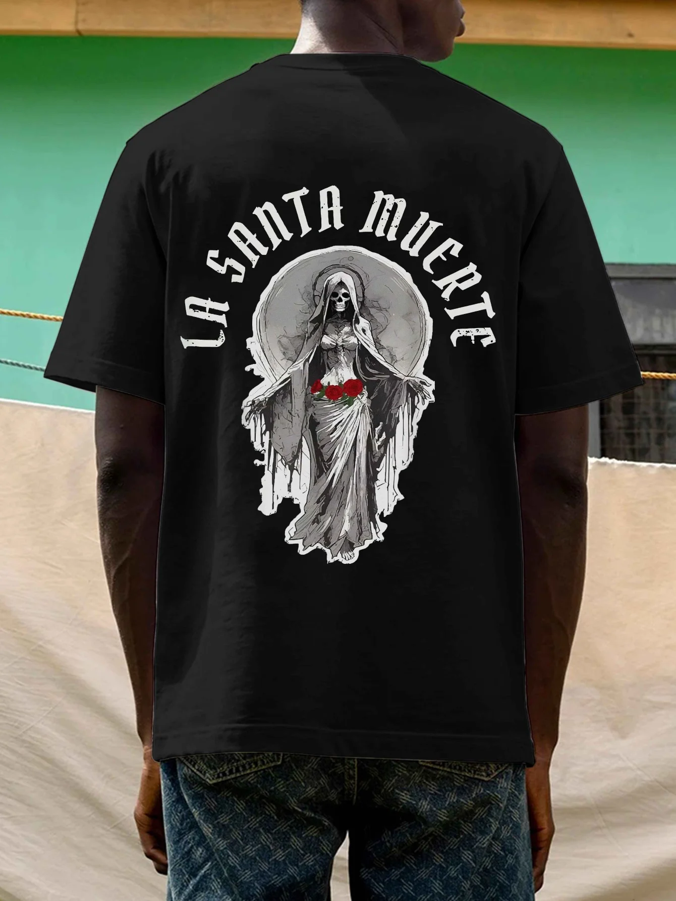 

Men'S "La Santa Muerte" Graphic T-Shirt - Black Short Sleeve Crewneck with Eerie Print Design Casual Summer Top Men's Clothing