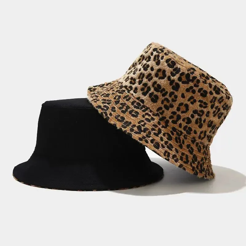 Autumn Winter Polyester Leopard Print Warm Bucket Hat Fisherman Hat Outdoor Travel Cap for Men and Women 32