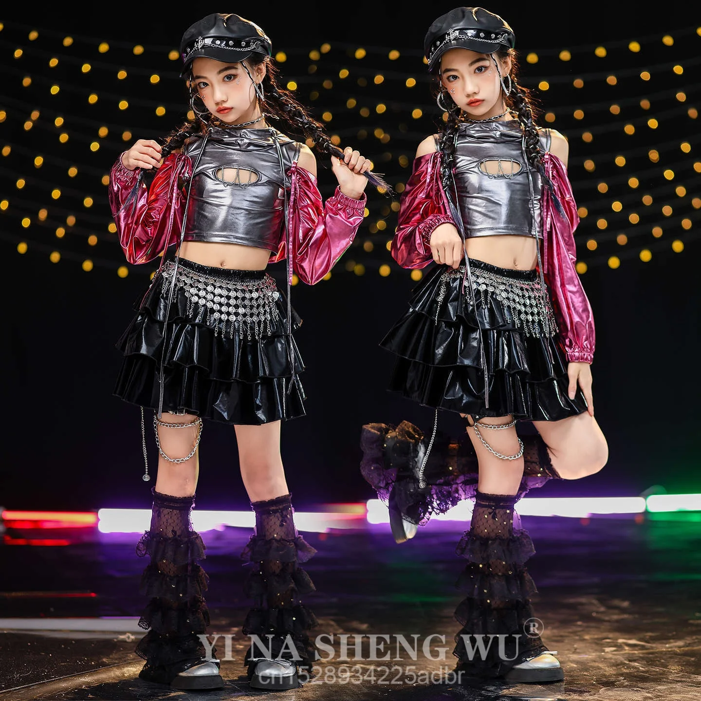 kpop-ジャズダンス衣装ガールズファッションパフォーマンス服フード付きへそトップスレザーパンツヒップホップ衣装ステージウェア新しい