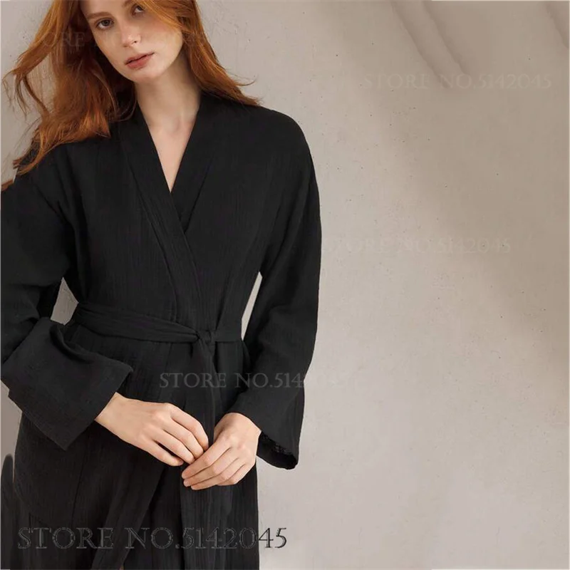 Cotton Gauze Long Robe Sleepwear Elegant Bathrobe Kimono Gown with Pocket Spring Autumn New Negligee Nightwear Loose Home Dress