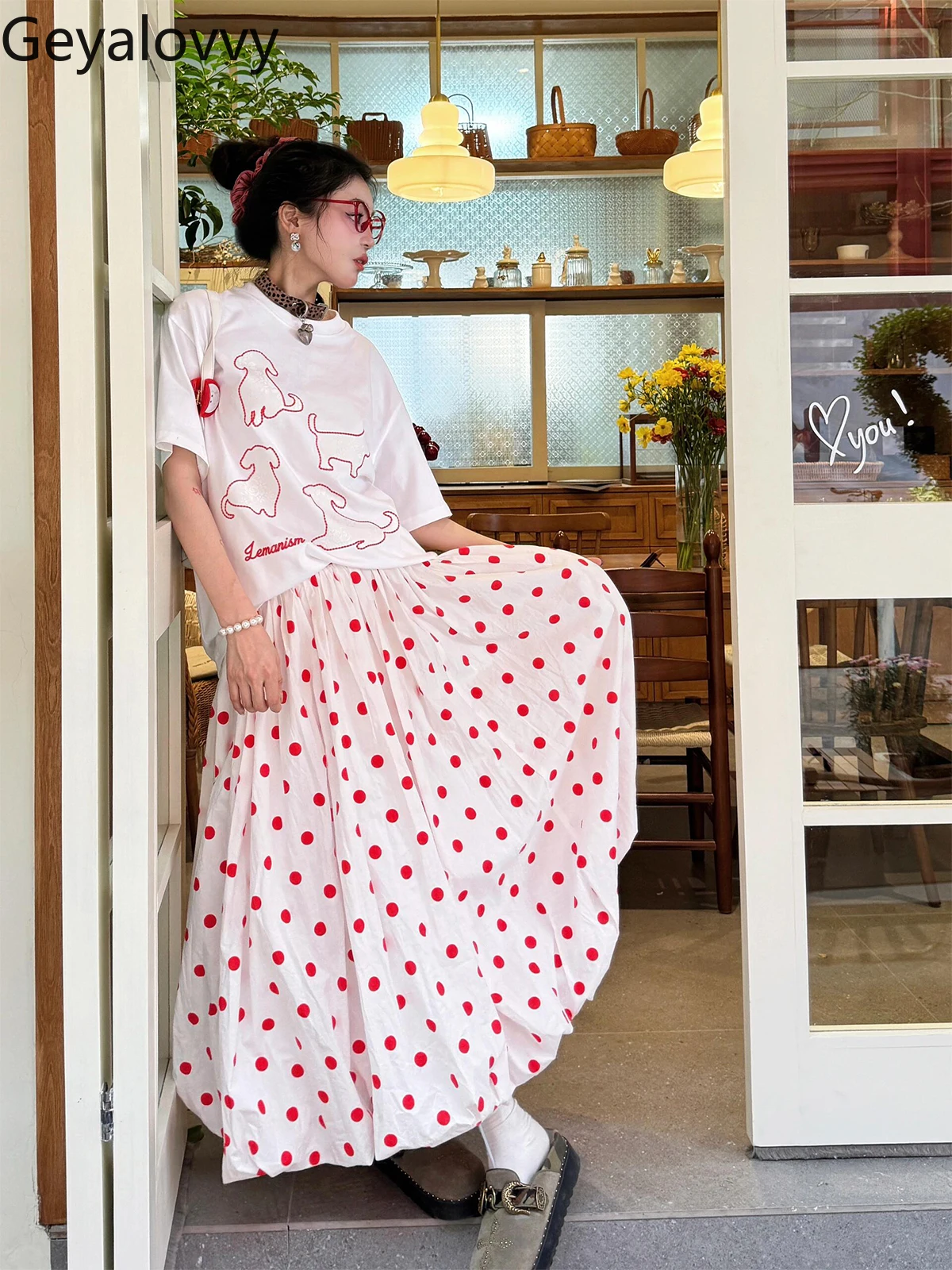 Gonna a vita alta a pois rossi giapponesi Estate Nuove ragazze dolci Versatile elastico in vita Grande altalena Soffici gonne a bolle di boccioli