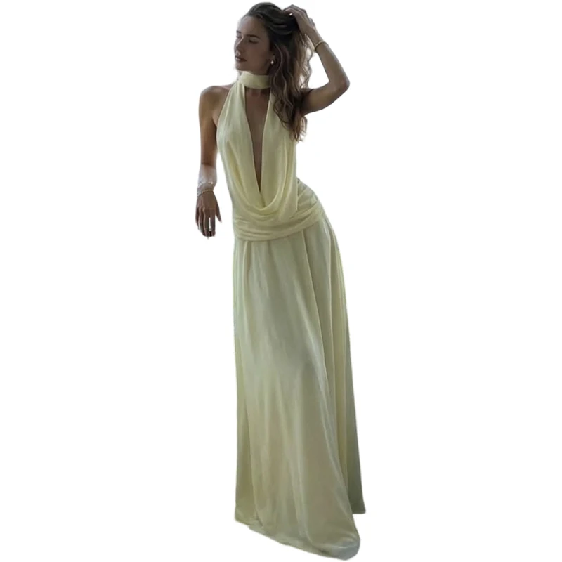 Nibber Urlaubs-Maxikleid für Damen, Rückenfrei, Ärmellos, mit Falten, Neckholder, Quasten, Schwingkragen, Elegantes Sommer-Strandparty-Kleid – Detail 2
