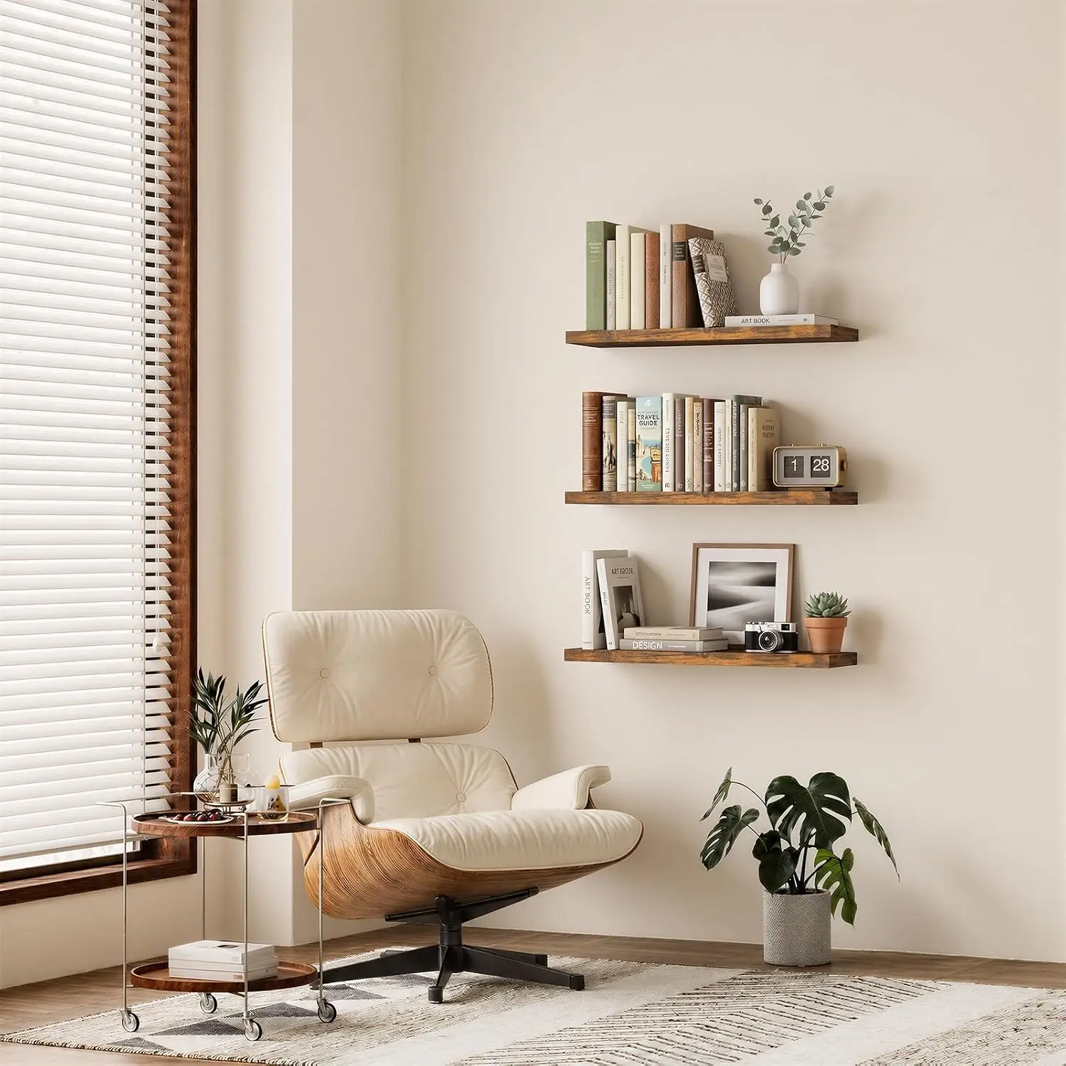 Rustic Brown Floating Shelves 35.4in, Set of 3, Wall Mount Wood Shelf | Easy Install, 30lbs Max Load, Hidden Bracket, for Living Room Bathroom Bedroom Kitchen Storage Decor, Multi-Wall Compatible