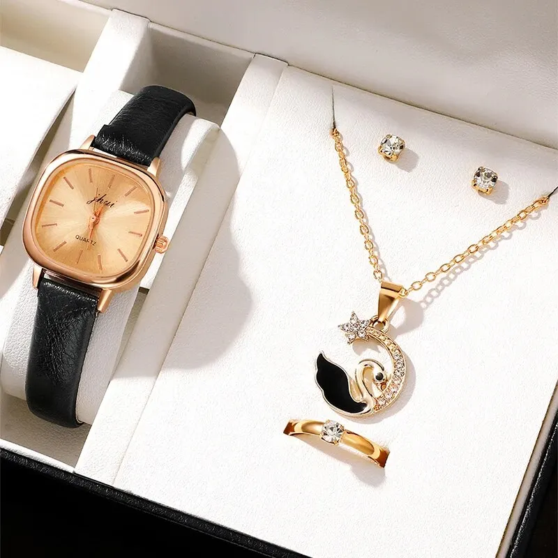 5pcs Luxury Watch Women Ring Necklace Earrings Bracelet Set Watches Leather Strap Ladies Quartz WristWatch Gift Montre Femme