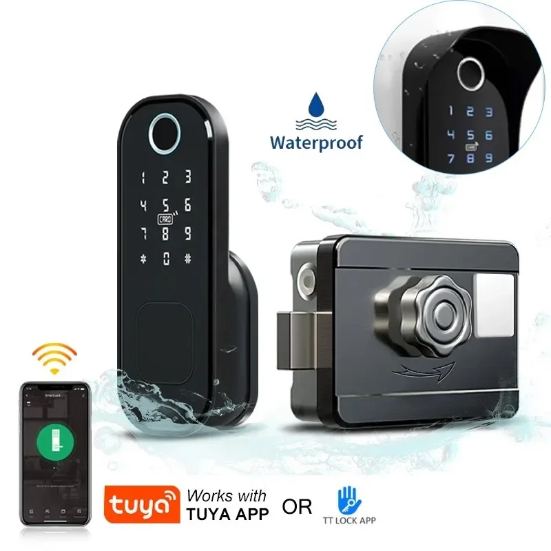 Fingerprint Waterproof Outdoor Garden Lock Remote Control TUYA WIFI App Code Keyless Smart Door Lock Electric Rim Lock