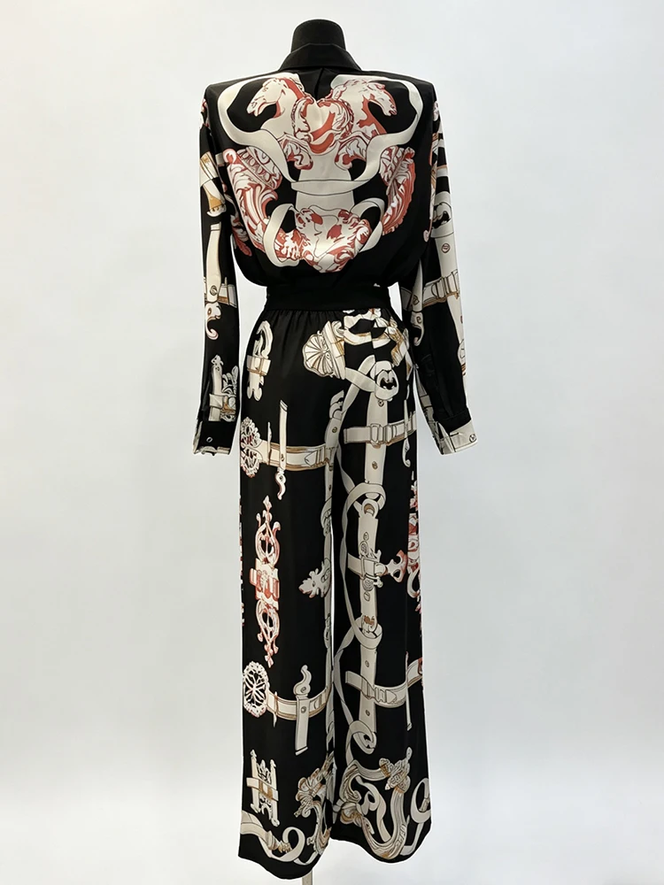 2026 Autumn Women's Retro Geometric Printed Straight Tube Silk Shirt Two Piece Set+High Waist Loose Wide Leg Pants Fashion Set view 5
