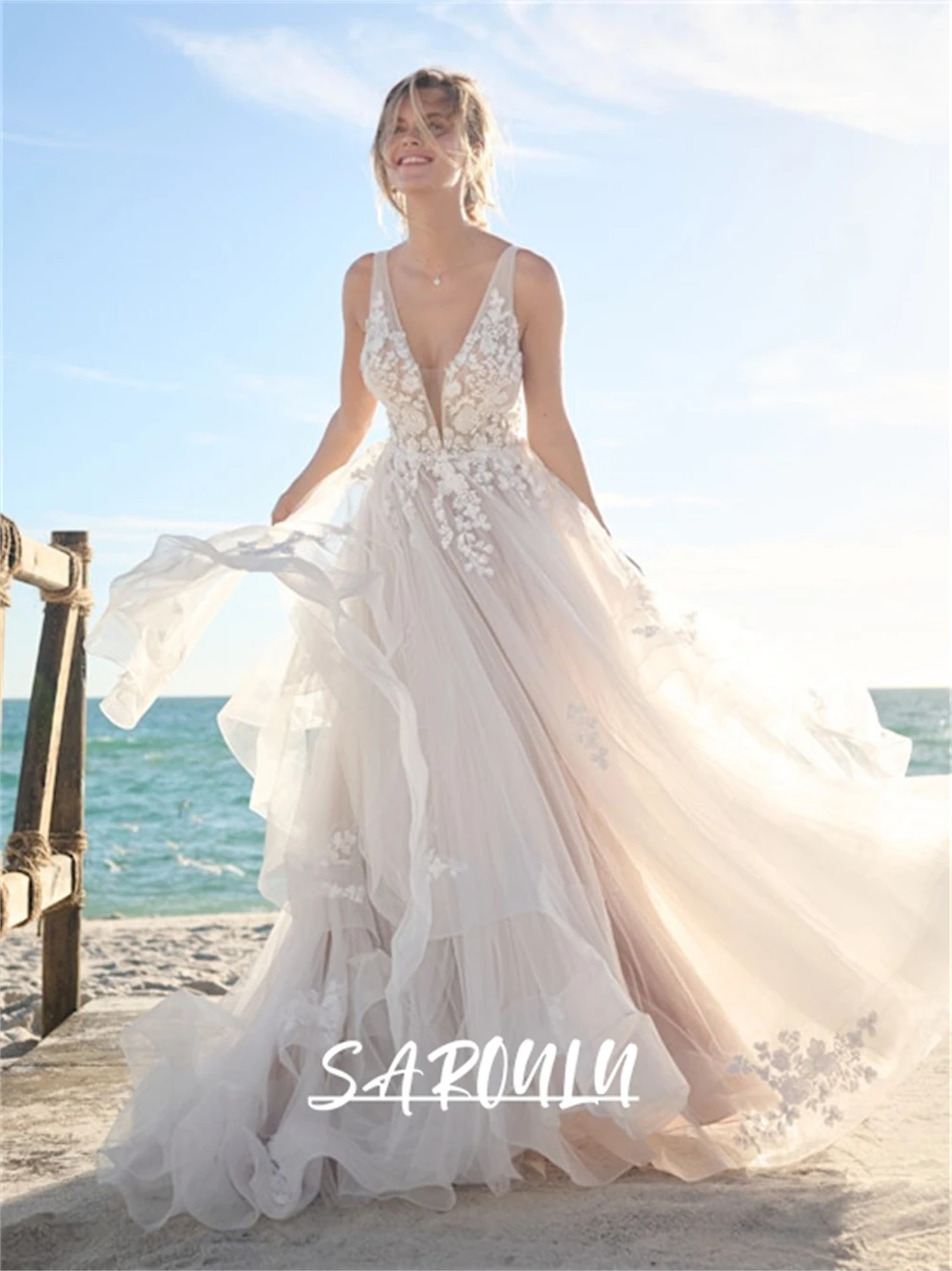 

Romantic Beach Wedding Dress With Floral Lace, Tank Sleeves Tulle A Line Bride Dresses, Customizable Backless Bridal Gown