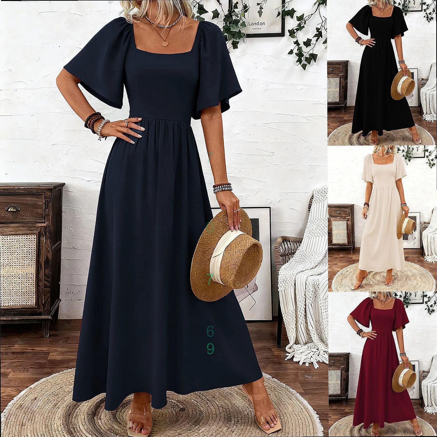 

Bohemian Square Neck Flounce Sleeve Dress Elegant Jumpsuit Playsuit Spring Summer Beach Vacation Evening Dress
